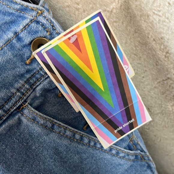 PRIDE SHORTALLS | Take PRIDE Queen Rainbow Patchwork Denim Unisex Shortalls - Picture 8 of 10